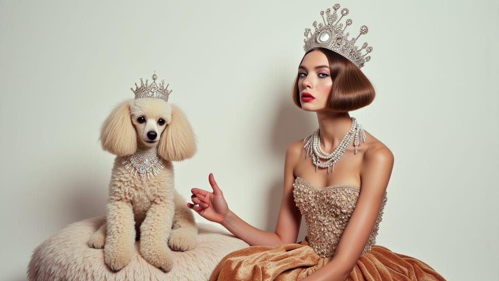 Regal Poodle and Model in High Fashion Studio