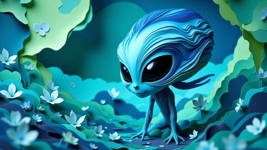 Alien Paper Cut Artwork in Blue and Green