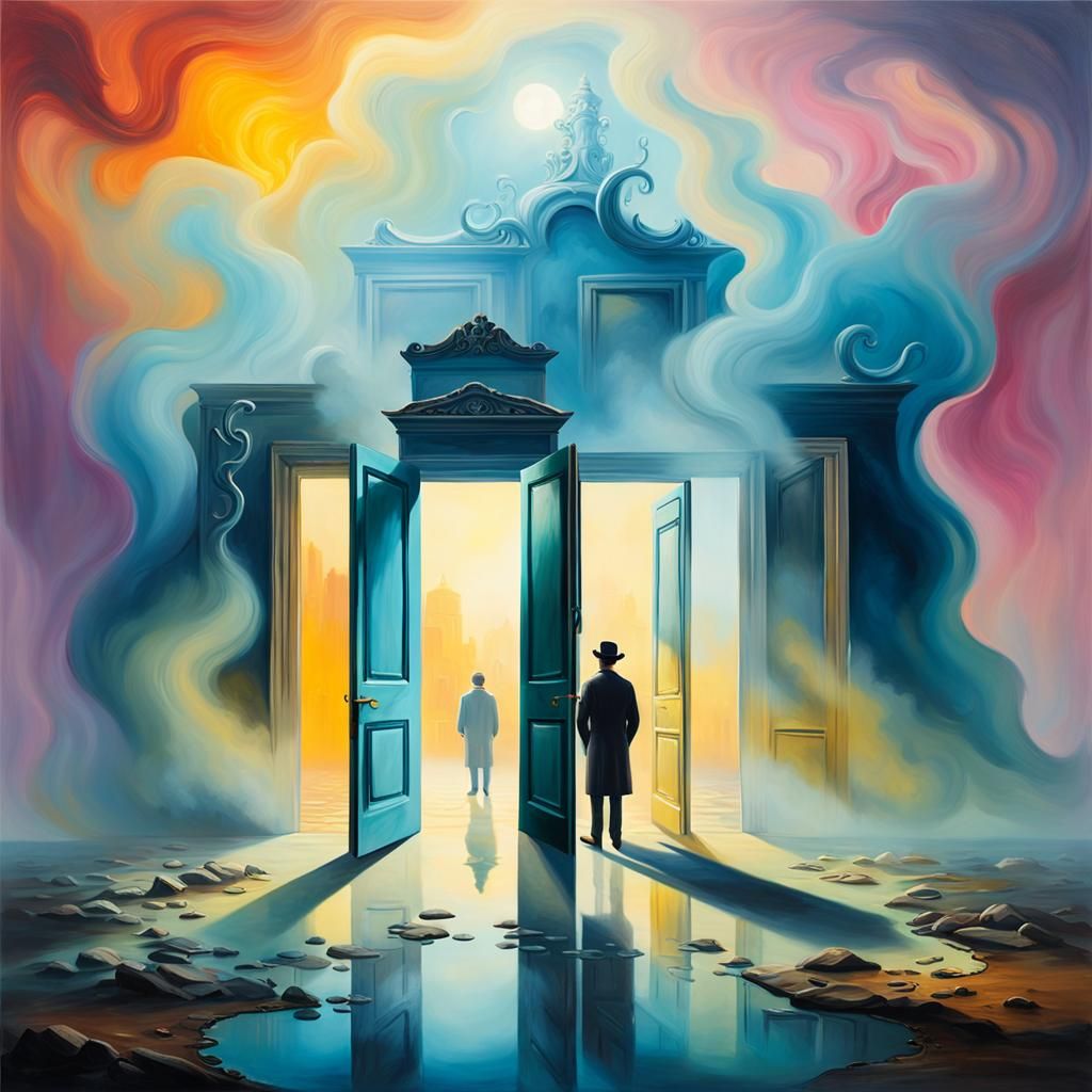 Eerie Surrealist Doors in Foggy Landscape