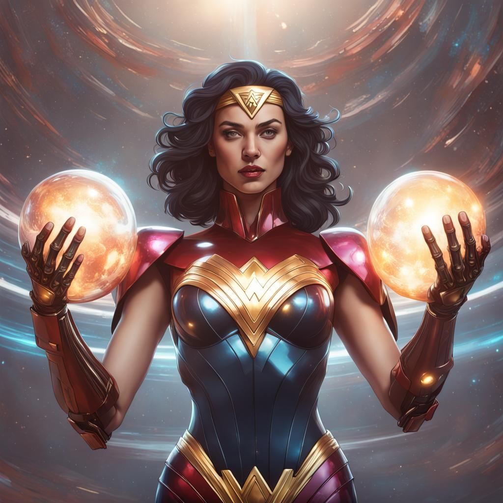 Robotic Wonder Woman Galaxy Portrait in Art Nouveau Style
