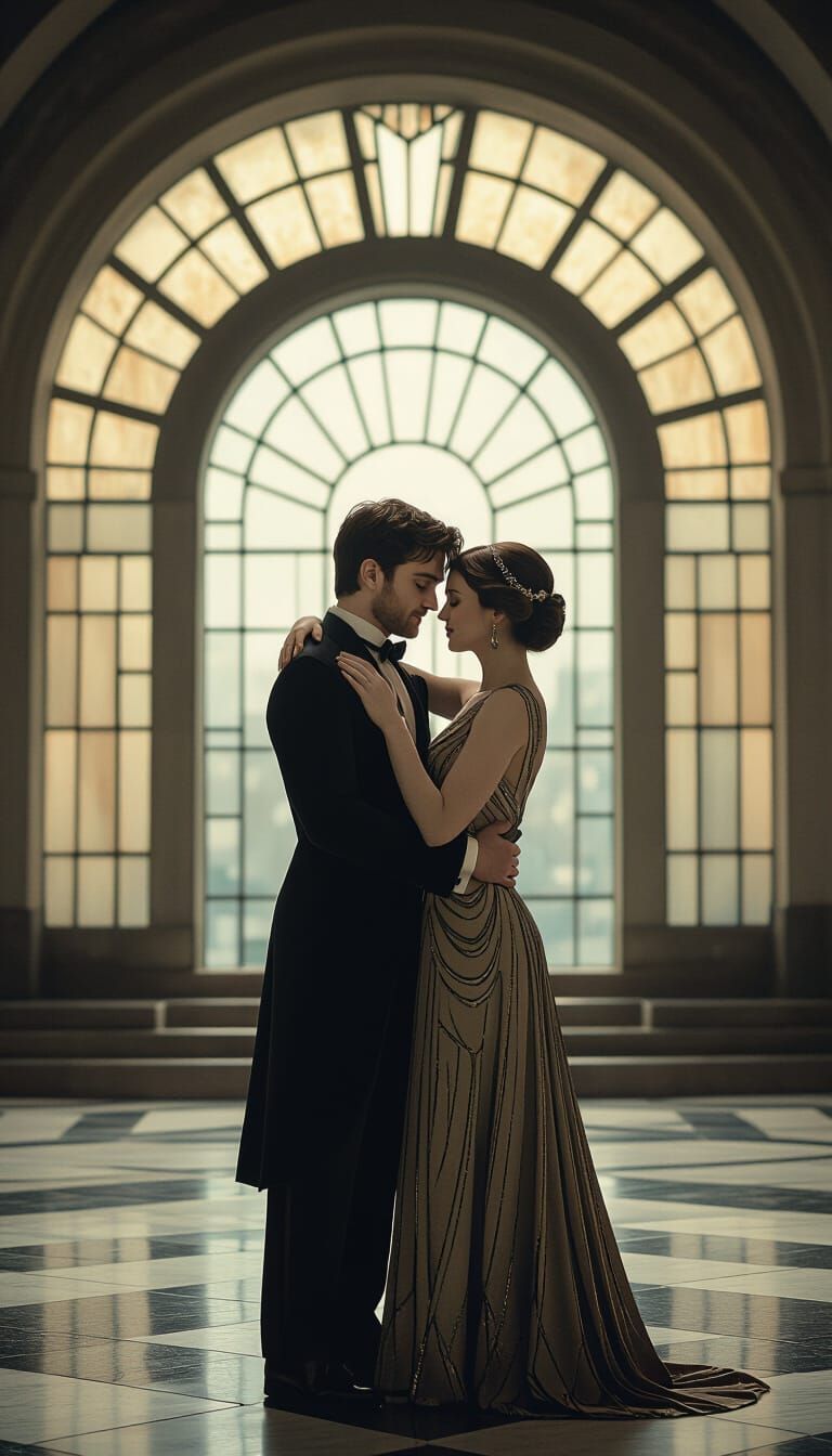 Art Deco Figures Embrace Against Brutalist Backdrop