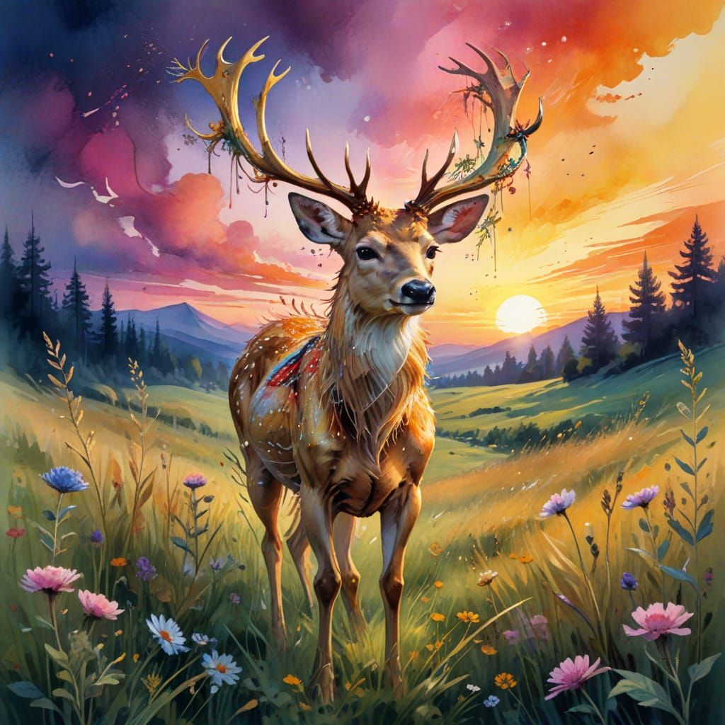Golden Deer in Vibrant Sunset Meadow Watercolour