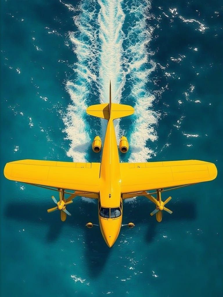 Surreal Aerial View of a Bright Yellow Seaplane Over Turquoi...
