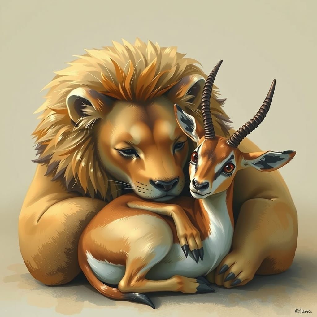 Lion Uses Horrified Gazelle as Pillow in Whimsical Scene