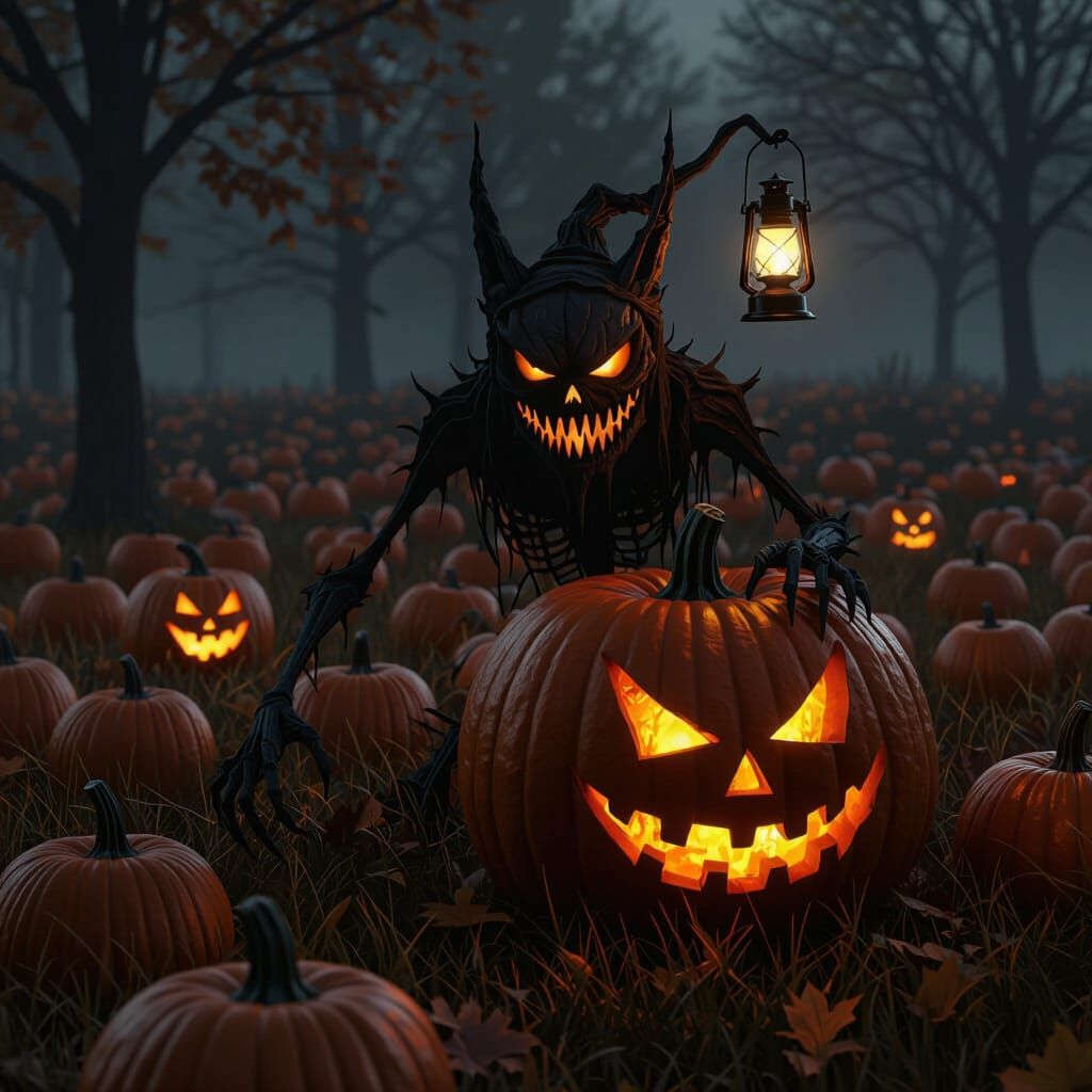 Spooky 3D Pumpkin Monster in Dark Autumn Field