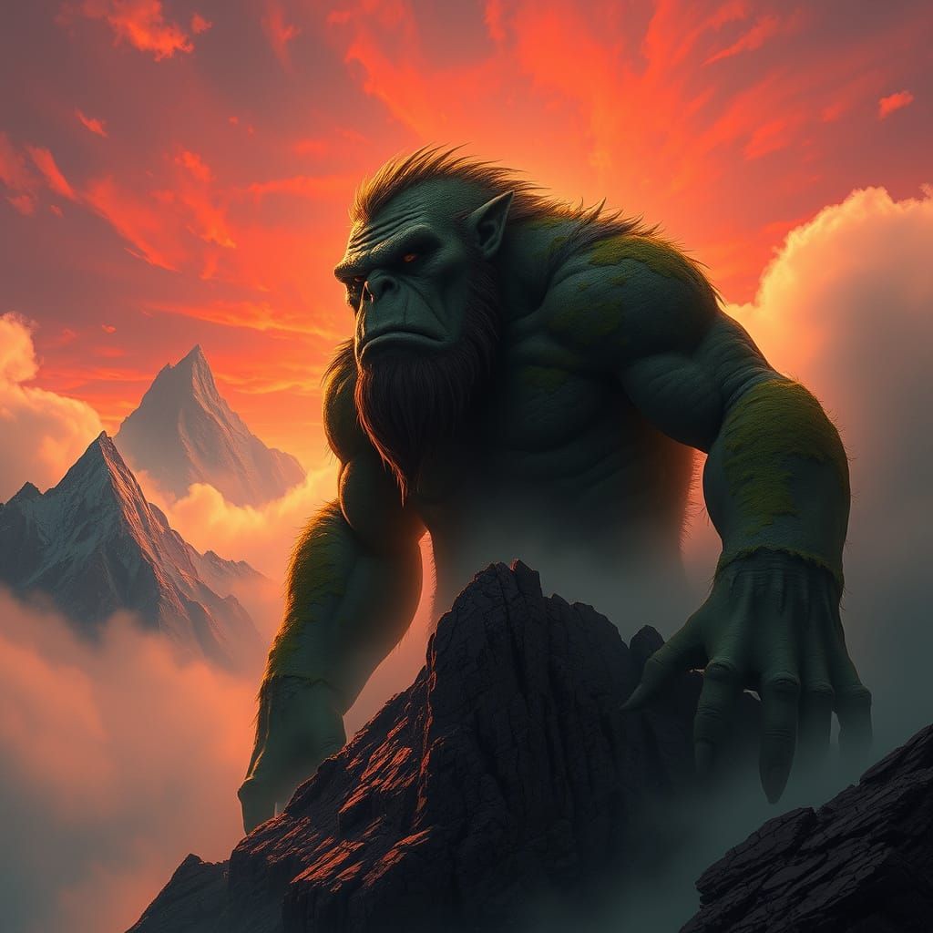 Colossal Troll Awakens Over Misty Mountains at Dawn