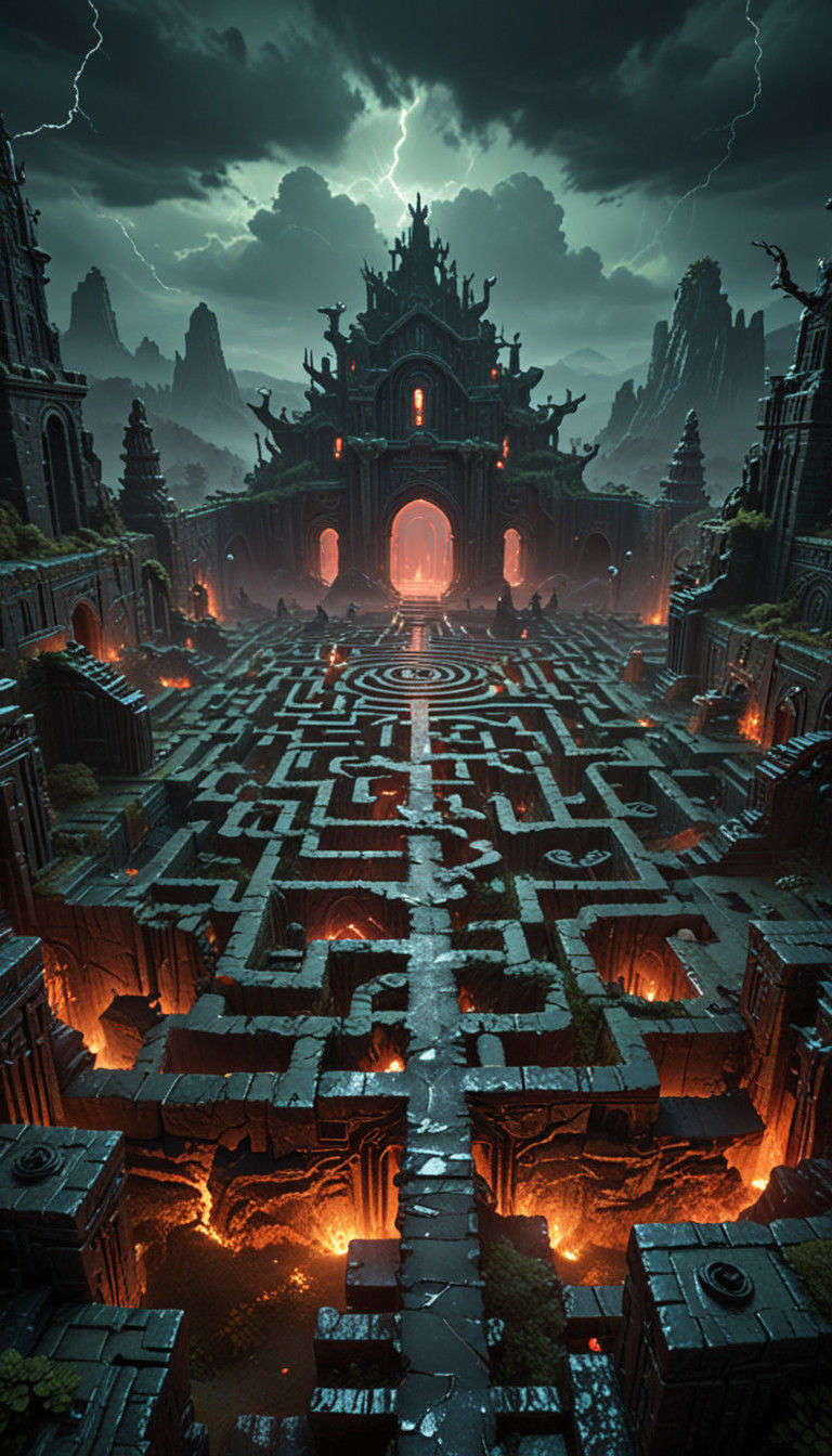 Dark, Mysterious Labyrinth with Ominous Red Glows