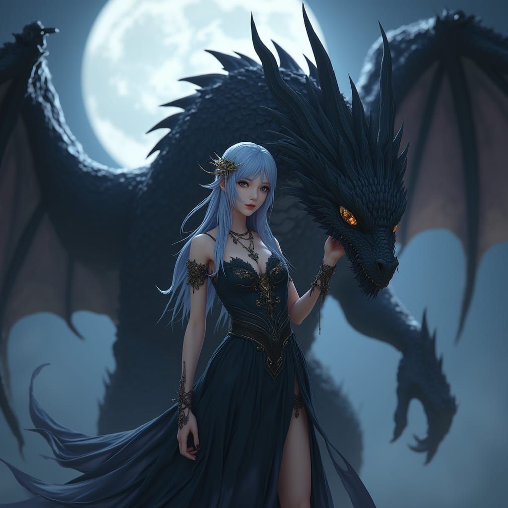 Majestic Dark Fantasy Heroine Beside a Black Dragon