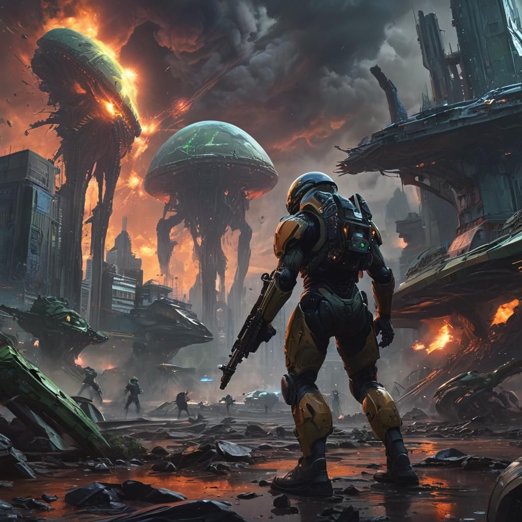 Futuristic Battle: Soldiers Versus Aliens in Vibrant Oil Pai...