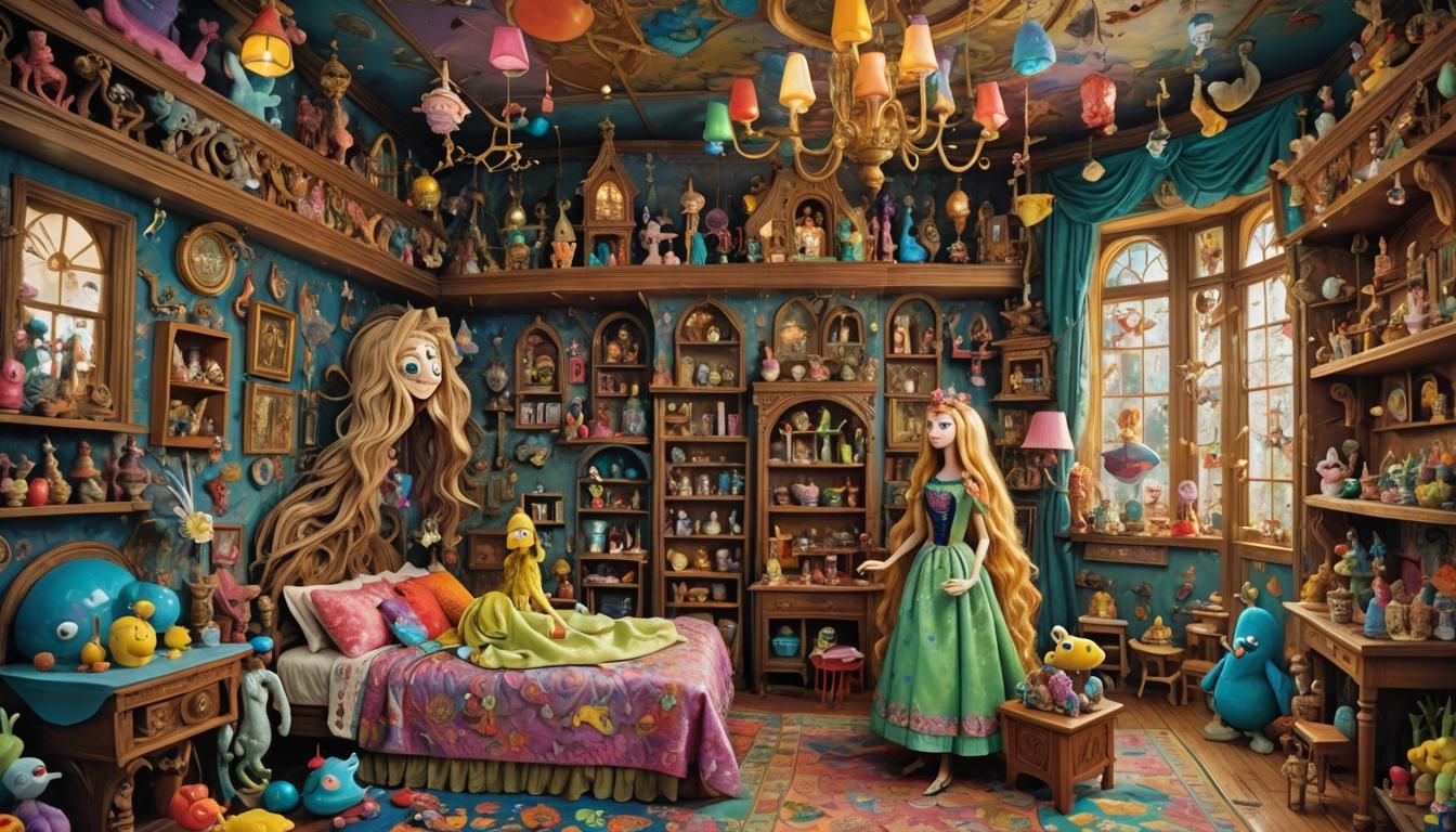 Surreal Dollhouse Scene with Squarepants Woman in Bio Art