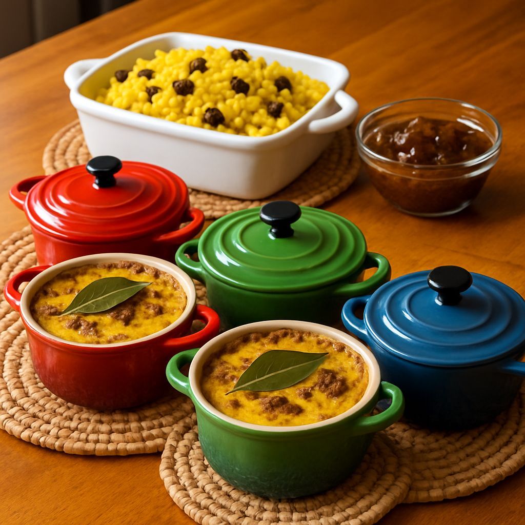 Bobotie and Yellow Rice Served in Enamel Cocottes