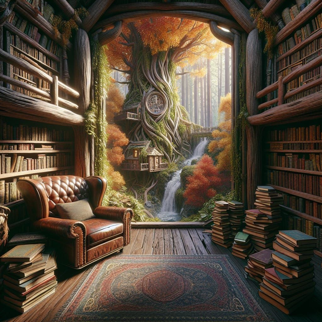 Comfy Treehouse Library in Autumnal Forest