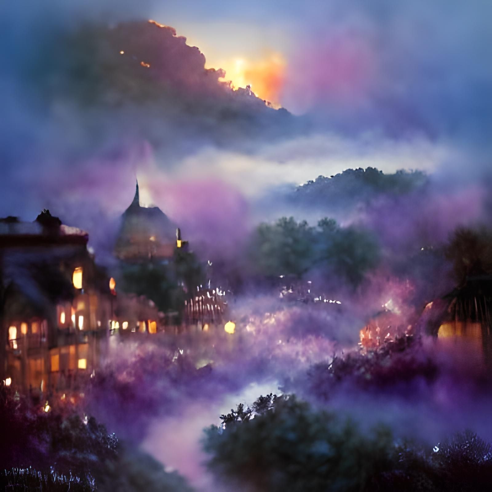 Purple Fireball in Misty Watercolor Style