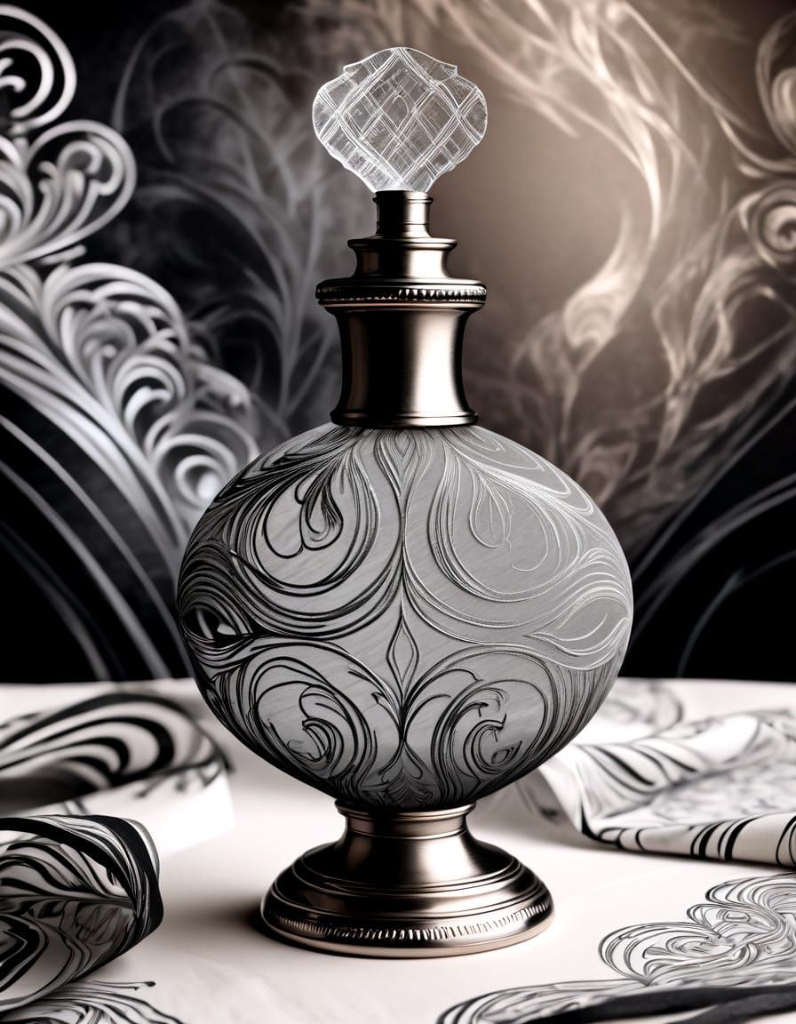 Sensual Art Deco Perfume Bottle in Chalk and Charcoal Pastel...