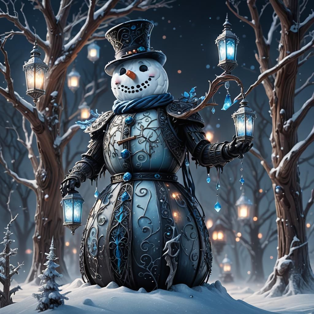 Gothic Snowman with Blue Lanterns in Dark Fantasy Style