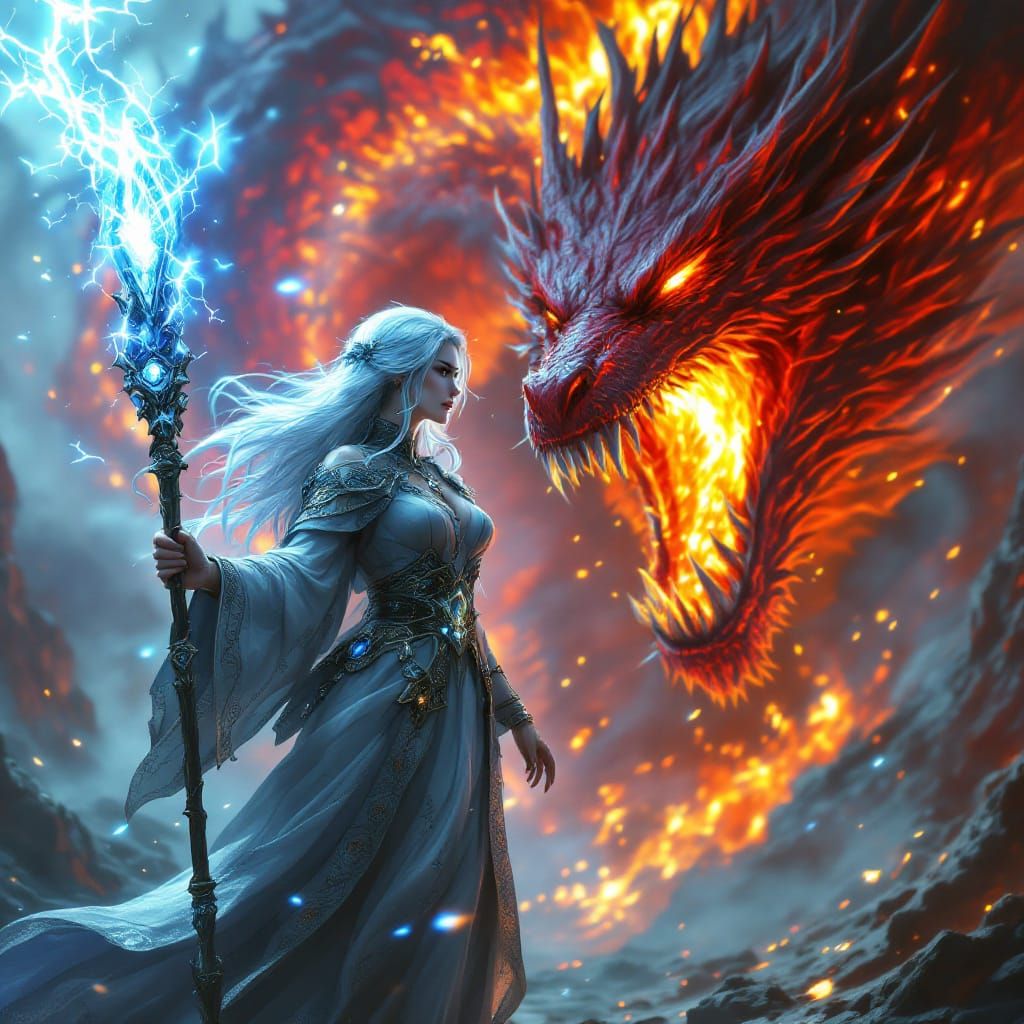 Wizard Battles Dragon with Electric Magic, Anime Art