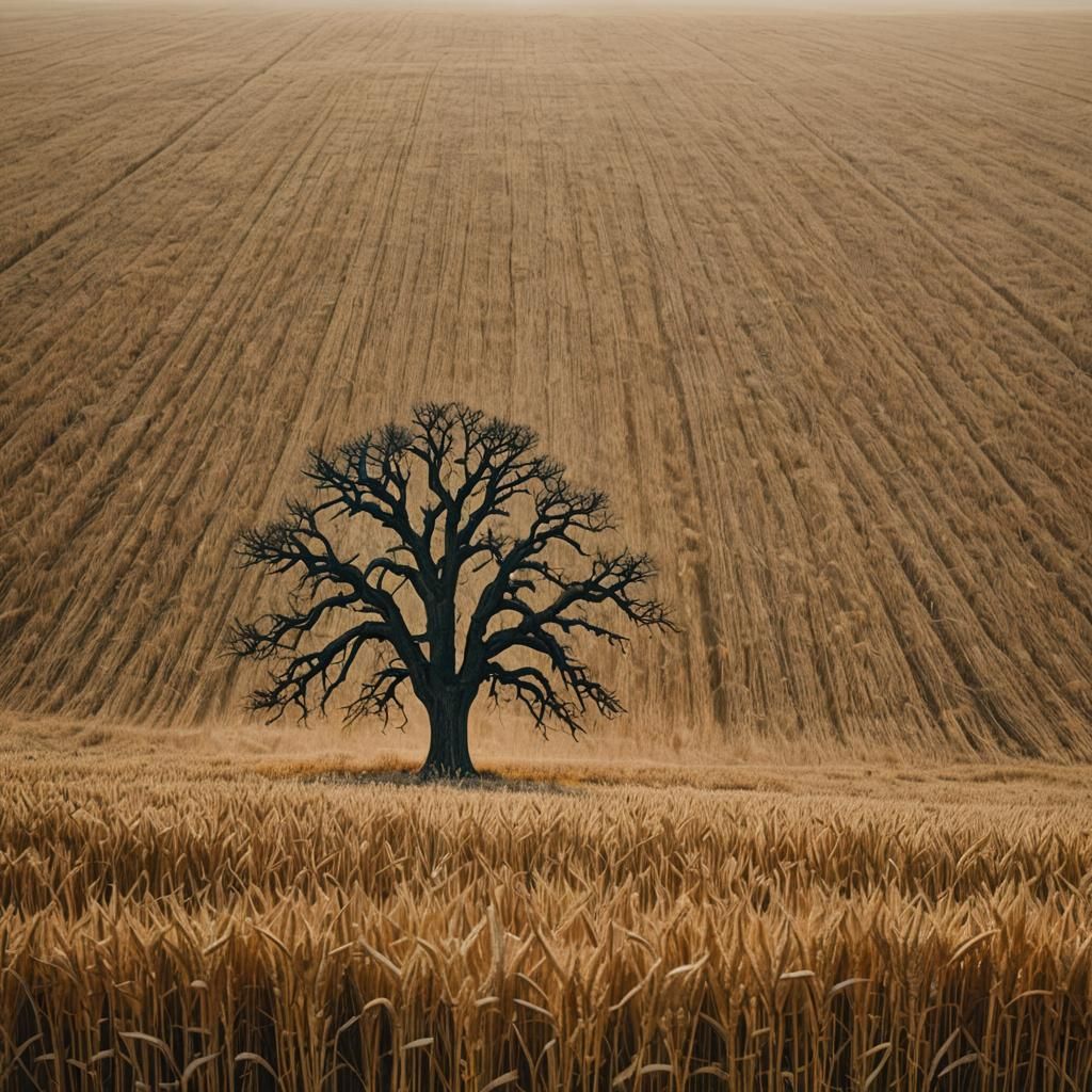 Lone Tree in Wheat Field at Golden Hour