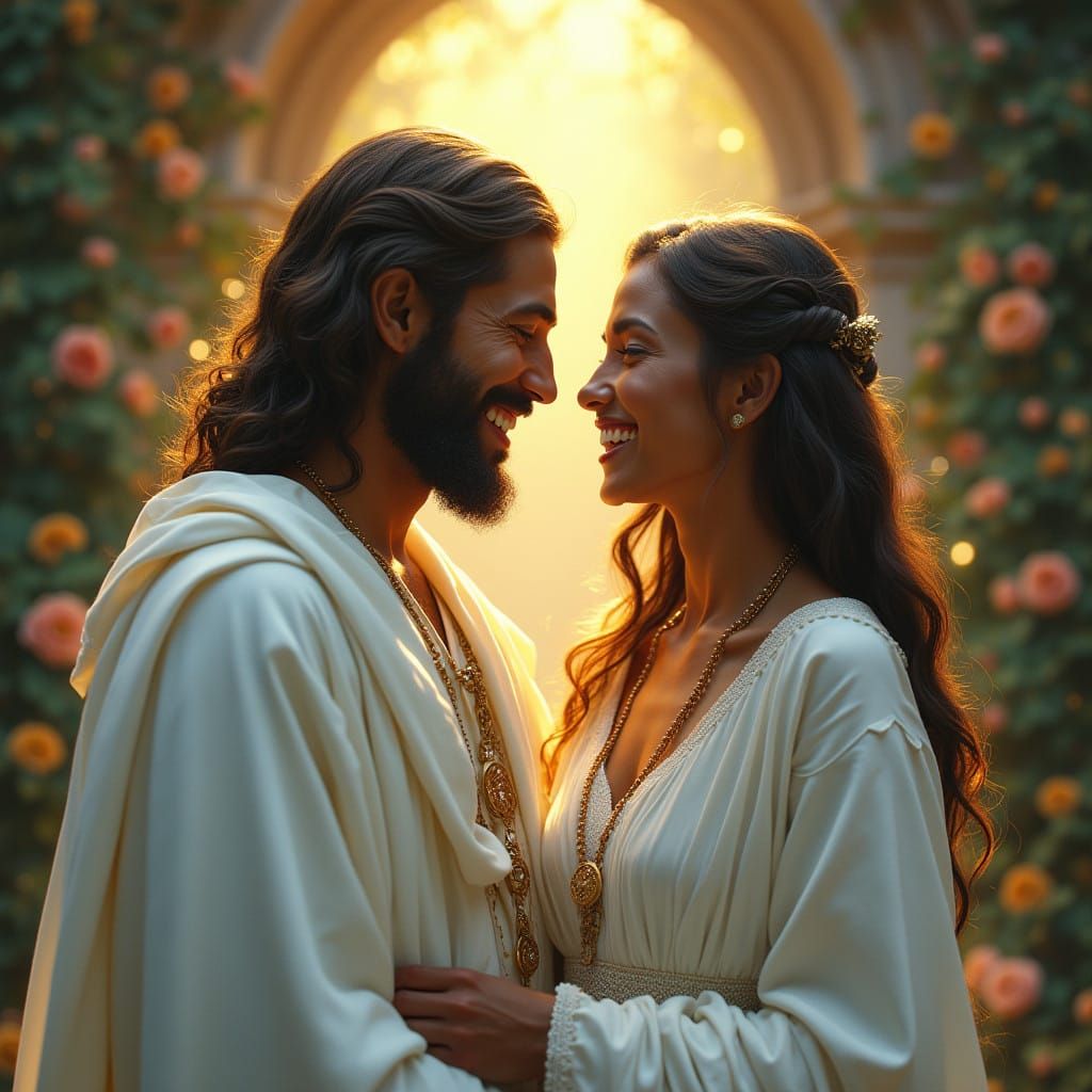 Radiant Couple in White, Bathed in Ethereal Glow, in a Realm...