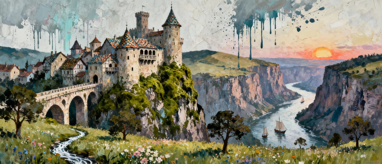 Abstract Castle on Mossy Mountain High in Sky, Expressive Br...