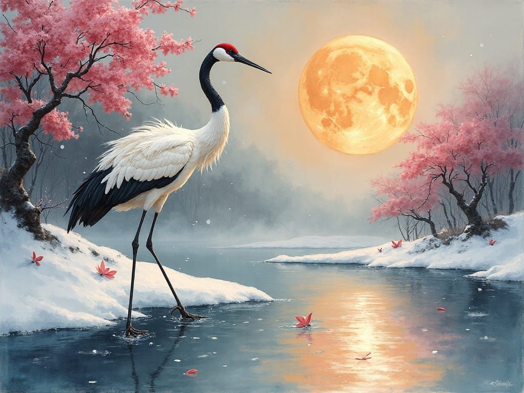 Snowy River Scene with Glowing Sakura Blossoms and a Melting...