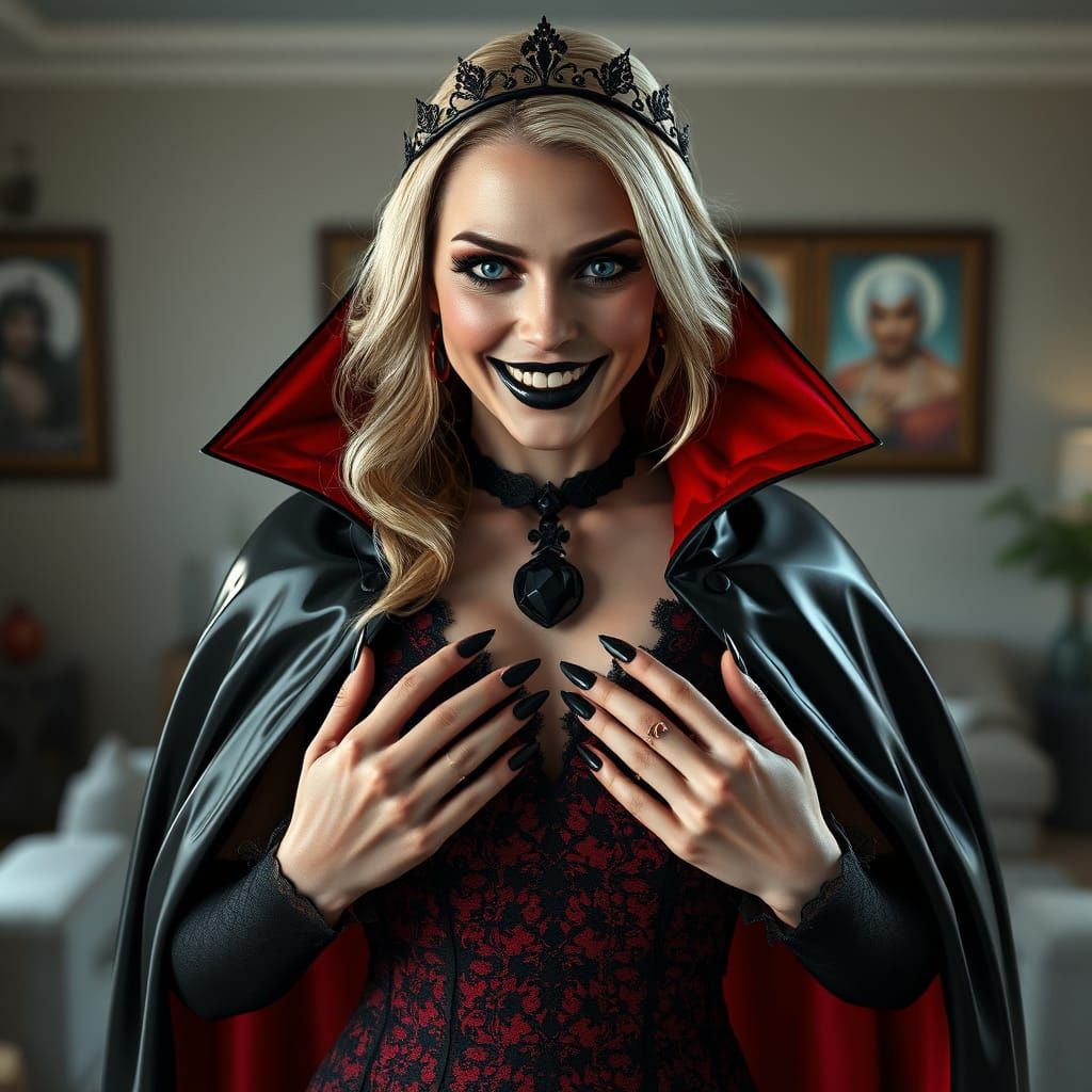 Gothic Vampire Goddess in Elegant Black and Red Attire