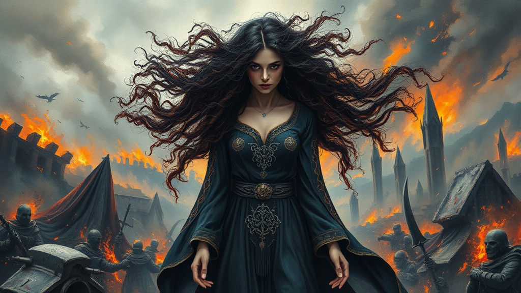 Mystical Sorceress in War-Torn Landscape, Impasto Style