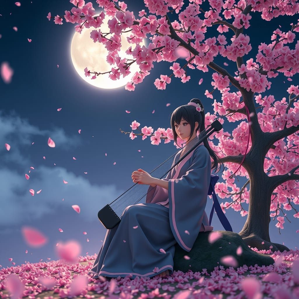 Anime Koto Player Under Cherry Blossoms in Moonlight