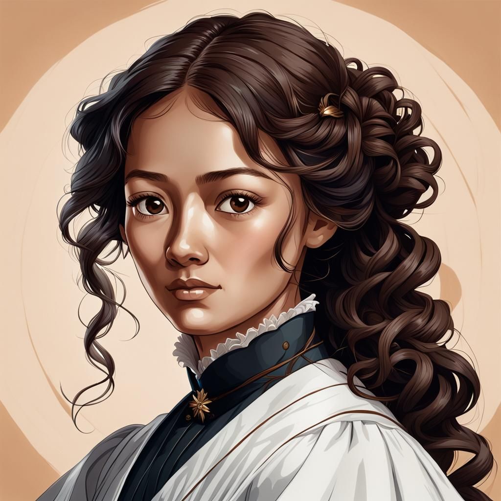 Florence Nightingale in the modern Medical World,  with caramel skin tone, long, uneven black curly hair, dark brown eye...