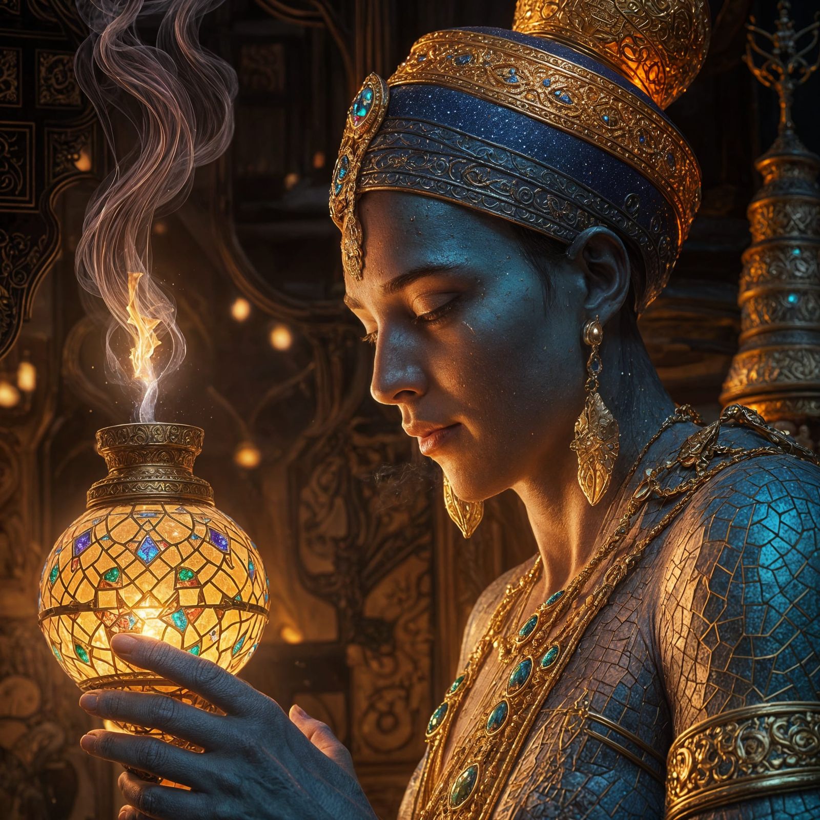 Genie Smoking Fire Jewels in Ethereal Fantasy Art