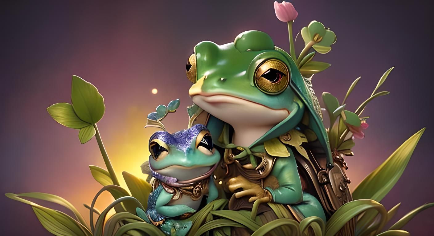 Whimsical Garden Frog Creature in Watercolor Style