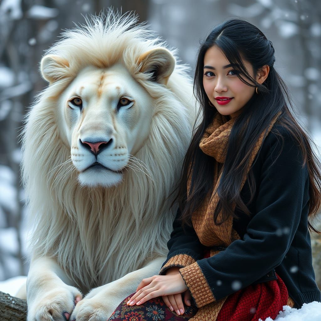 Asian Woman with White Lion in Snowy Scene
