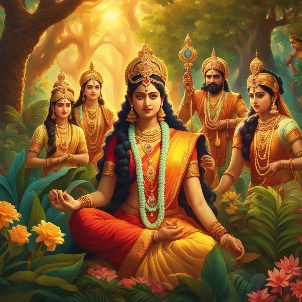 Hindu Deities in Mystical Forest, Digital Art