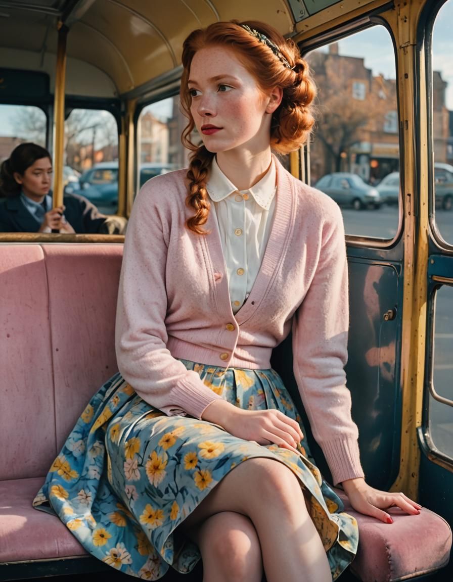 Redhead in Pink Boots on Bus, Illustration