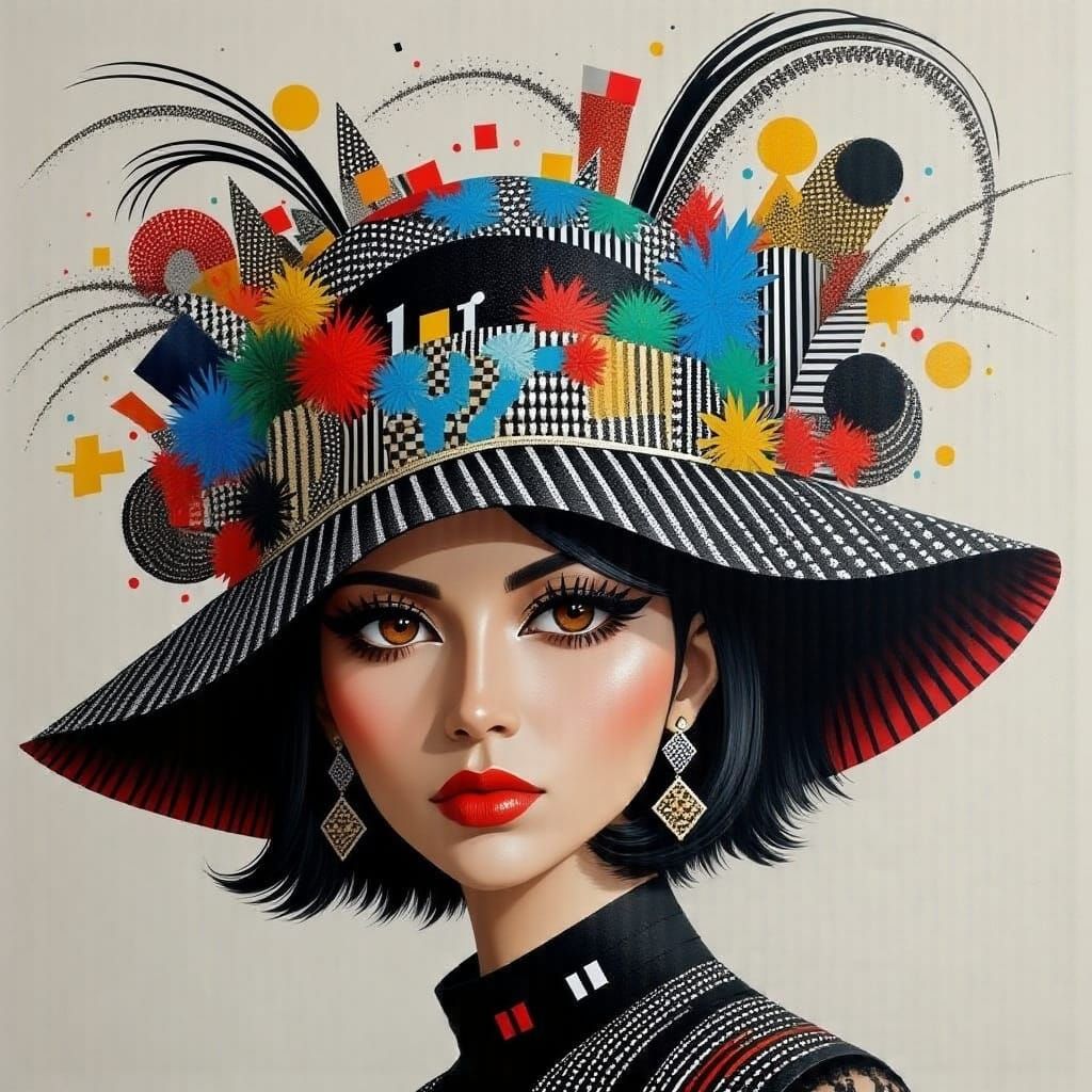 Woman in Lavish Derby Hat with Swirling Patterns