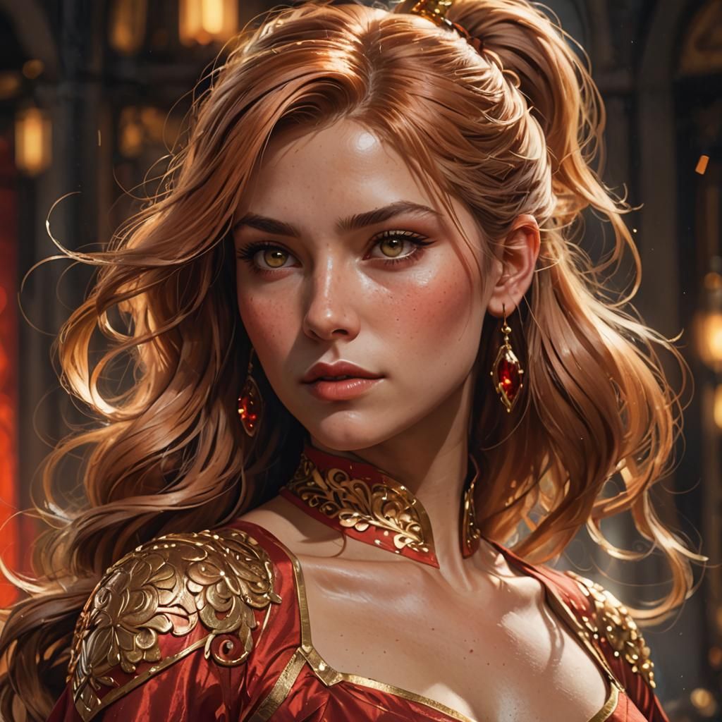 Elegant Woman Portrait with Copper Hair and Red Dress