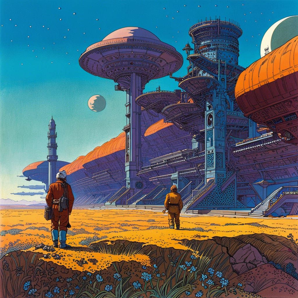 Vibrant Spaceport Art Inspired by Moebius