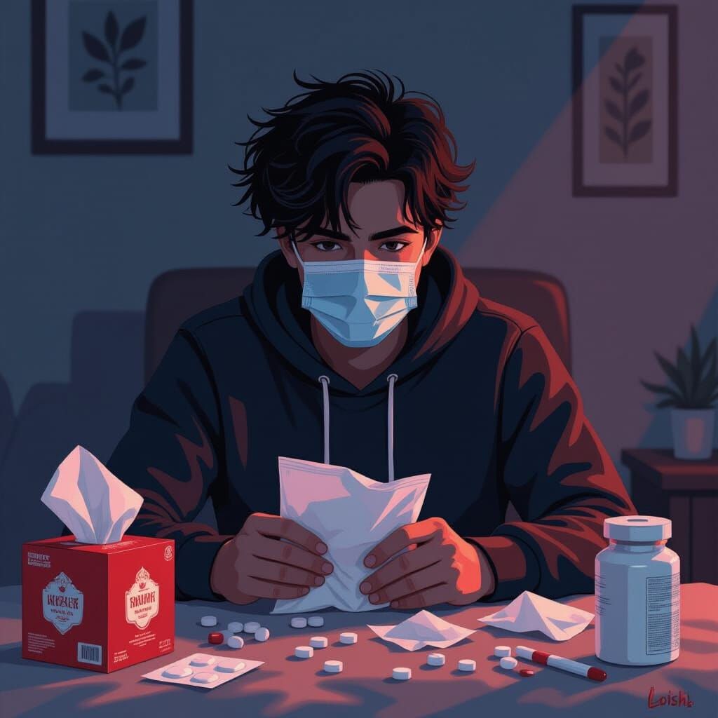 Masked Person in Dim Room with Tissues and Tea
