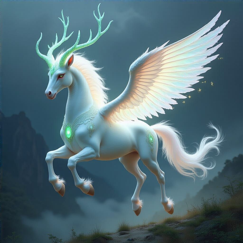 Opalescent Pegasus-Kirin Hybrid Soaring with Jade Antlers