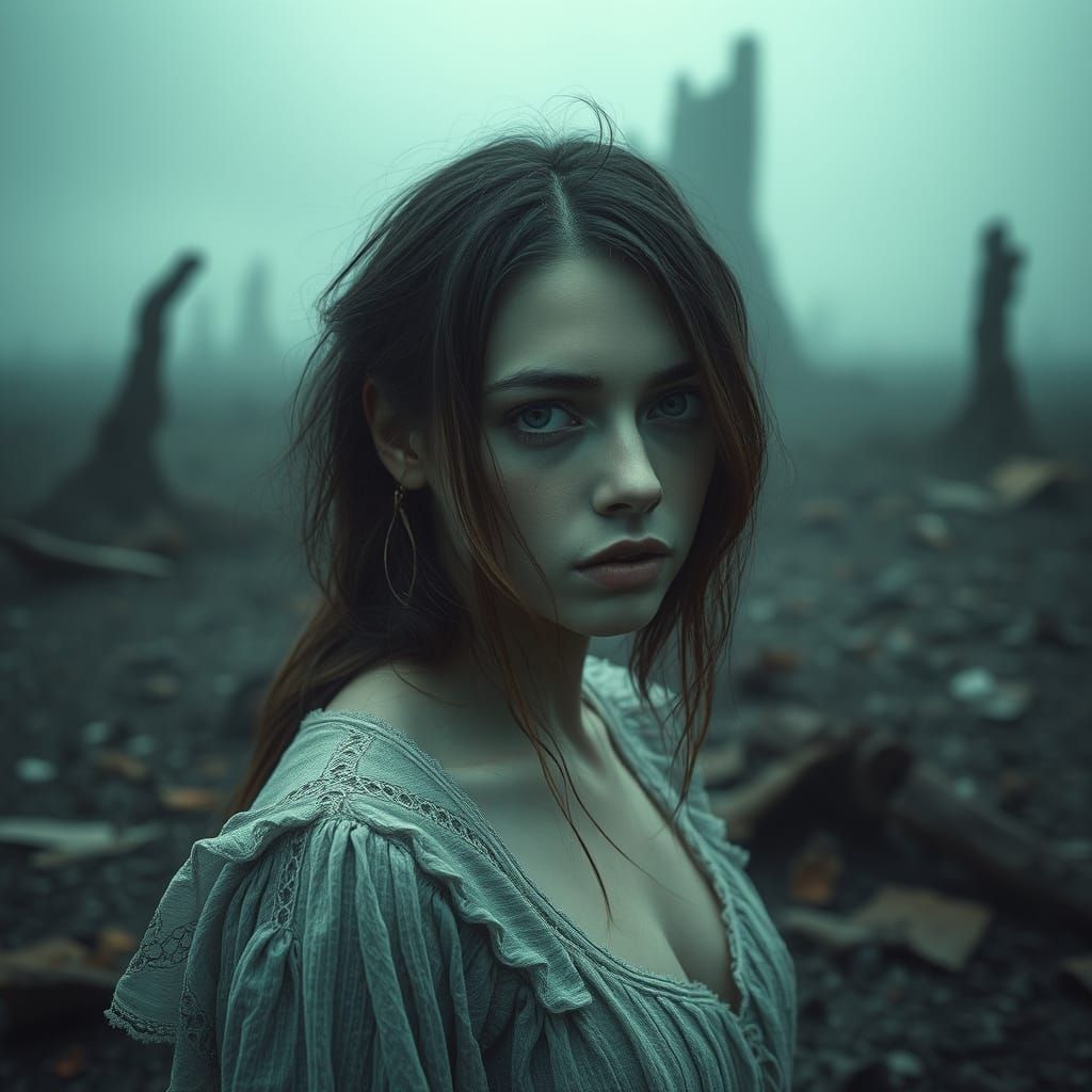 Melancholic Woman in Desolate Landscape
