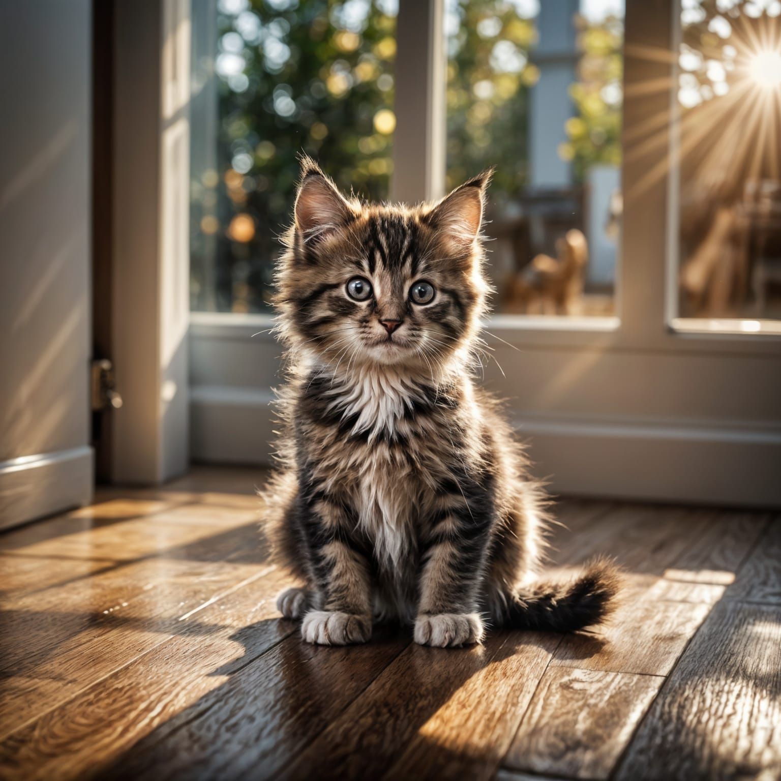 Backlit Kitten Playing on Hardwood Floor