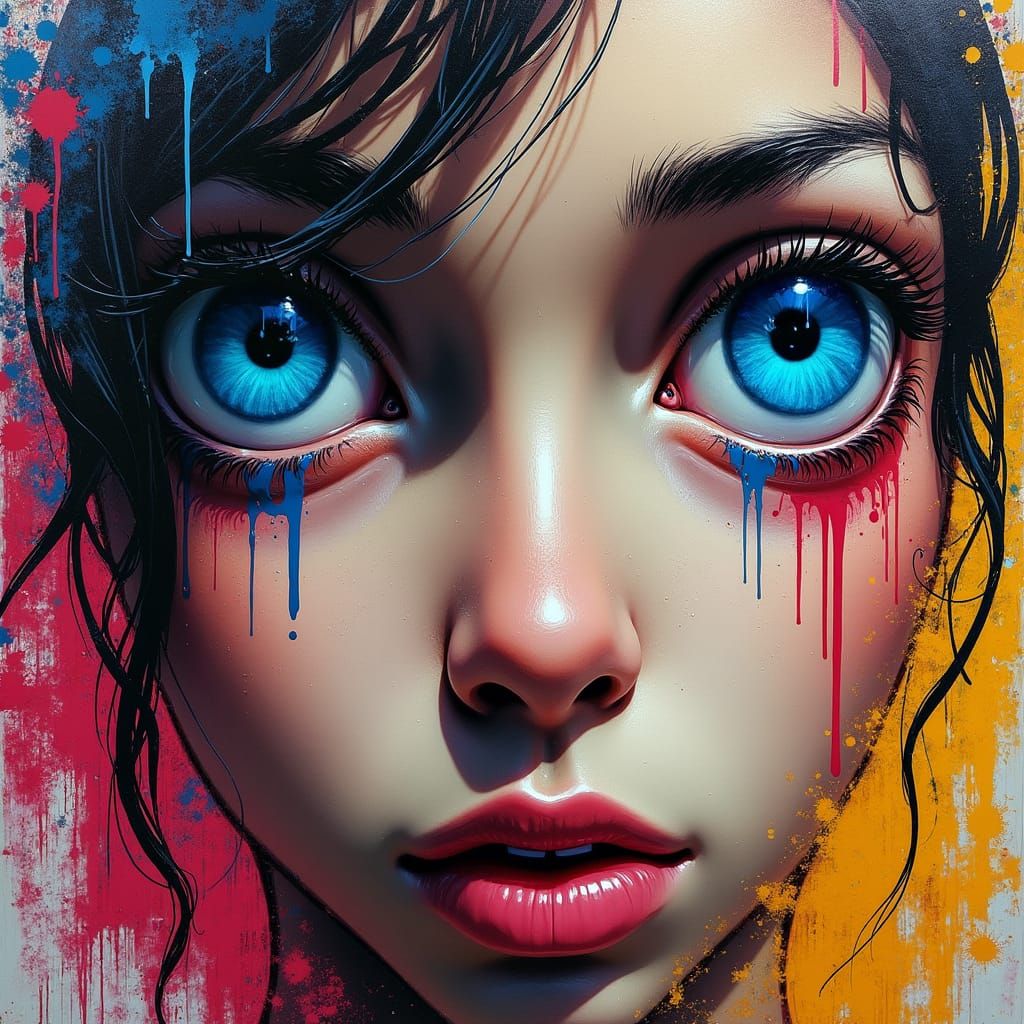 Emotional Graffiti Portrait with Blue Teary Eyes