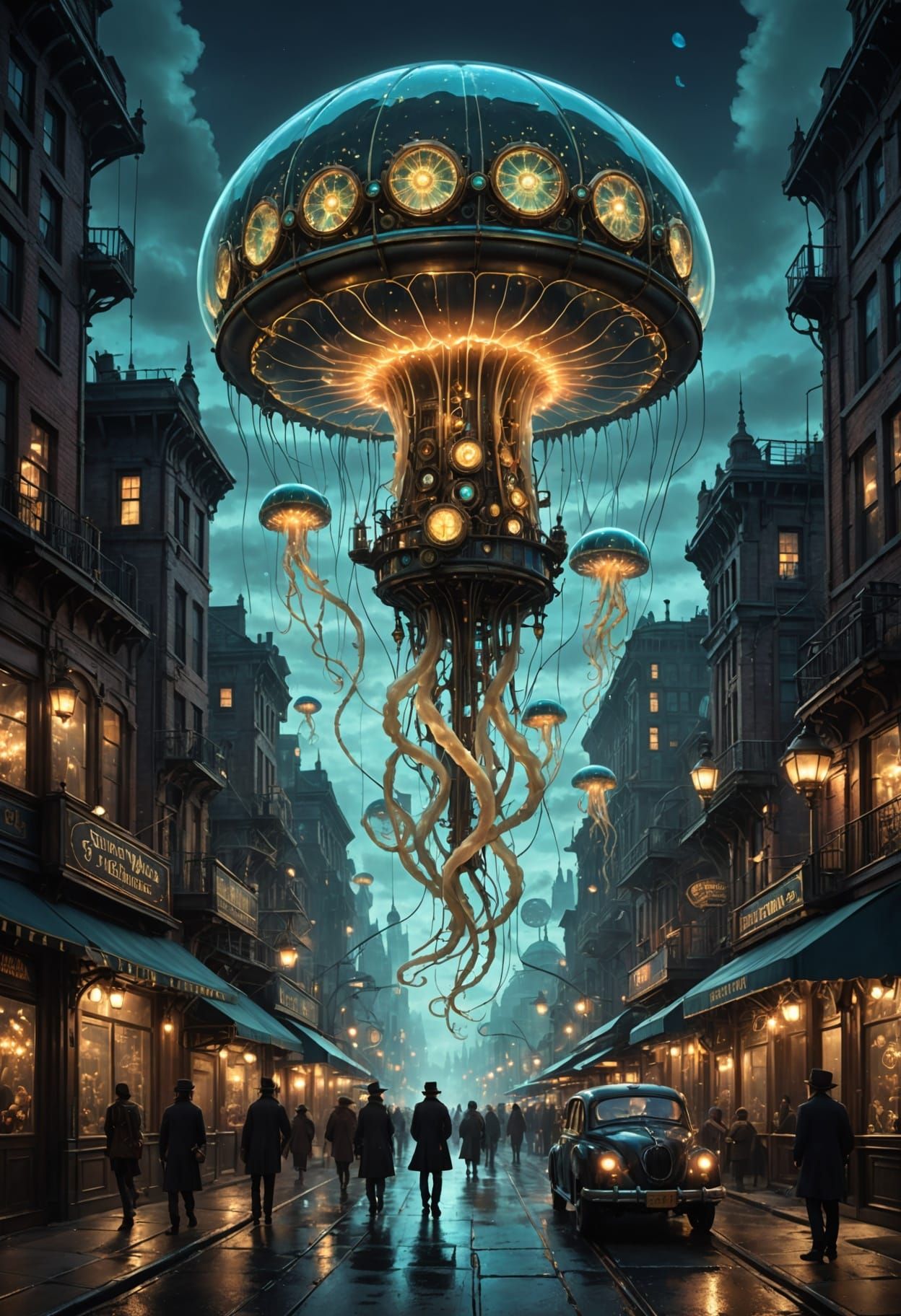 Steampunk Jellyfish Explores Futuristic Metropolis in Dreamy...