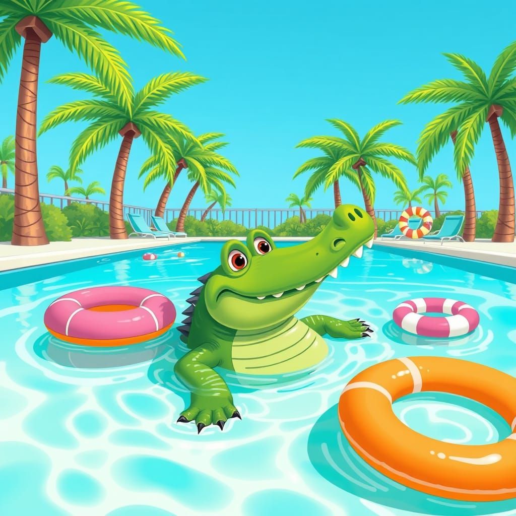 Cute Crocodile in a Sunny Swimming Pool