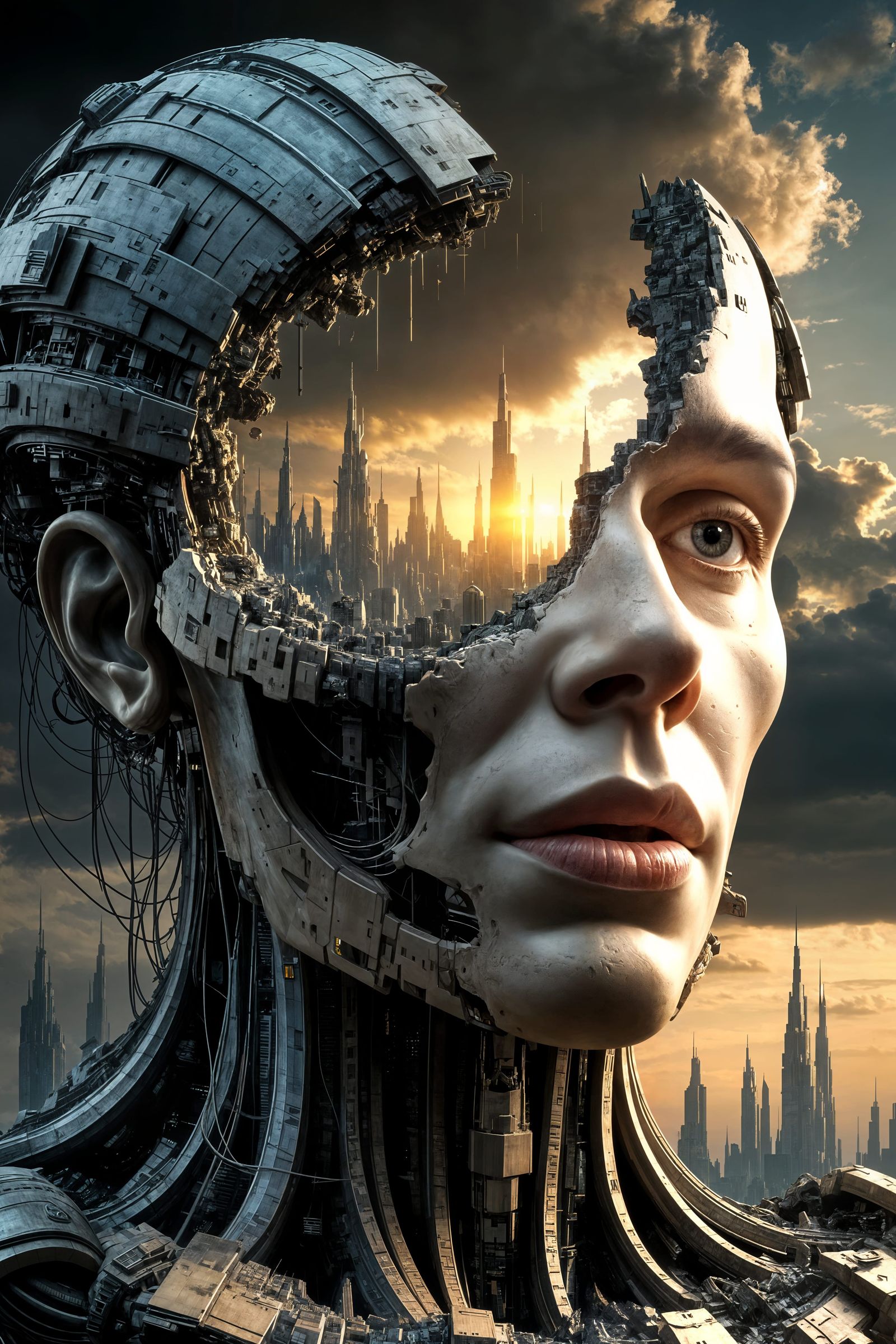 Dystopian Cityscape Integrated into Colossal Face Sculpture