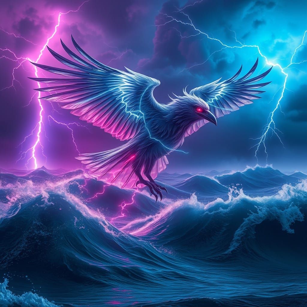 Mystical Raven soars over Electric Stormy Seas