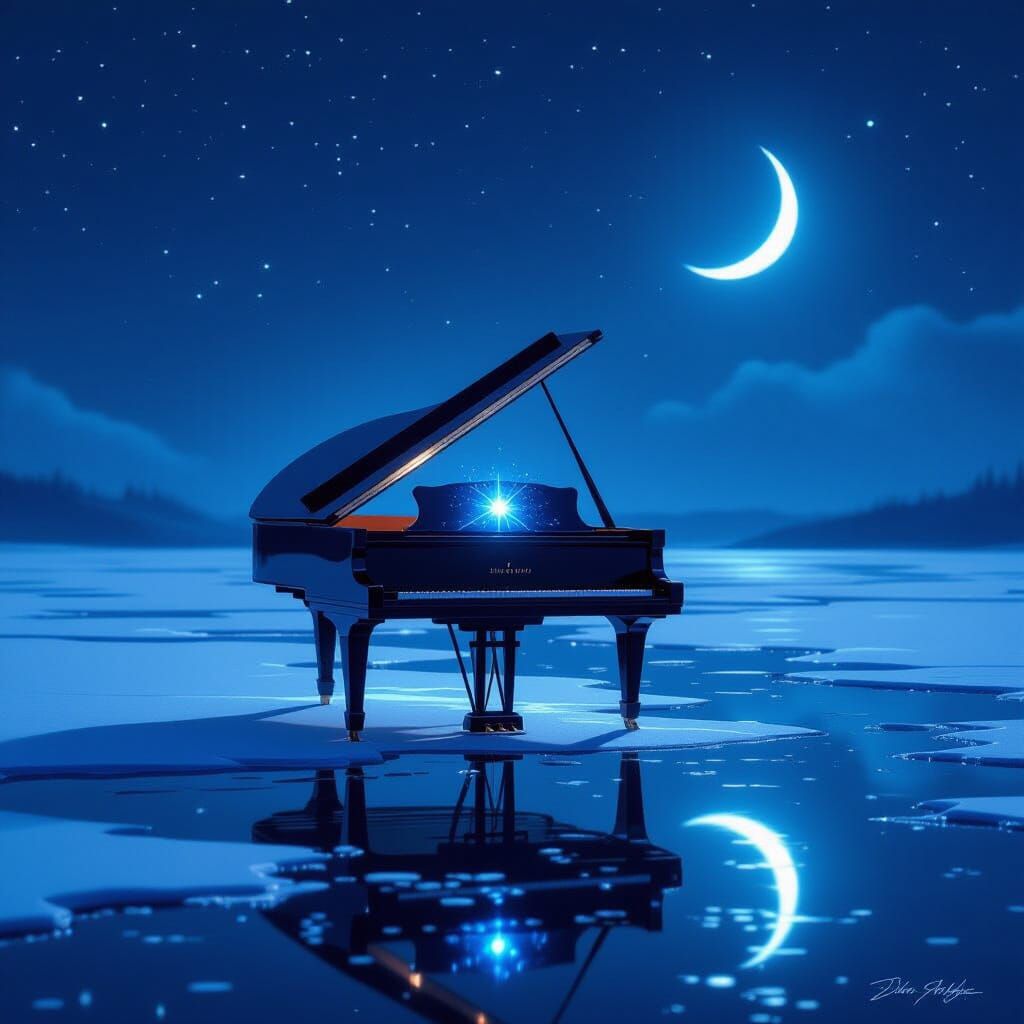 Ethereal Piano on Frozen Lake with Starry Night Glow