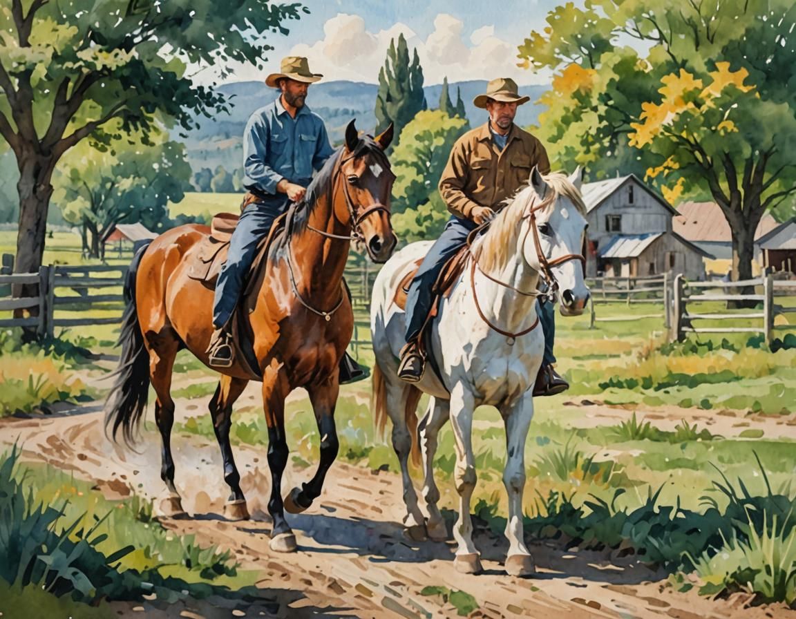 Farm Hand Walking Horse in Gouache Style