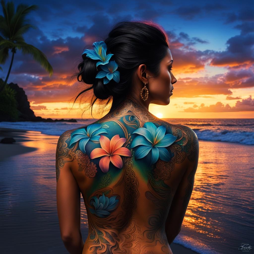 Bioluminescent Polynesian Tattooed Woman on Sunset Beach