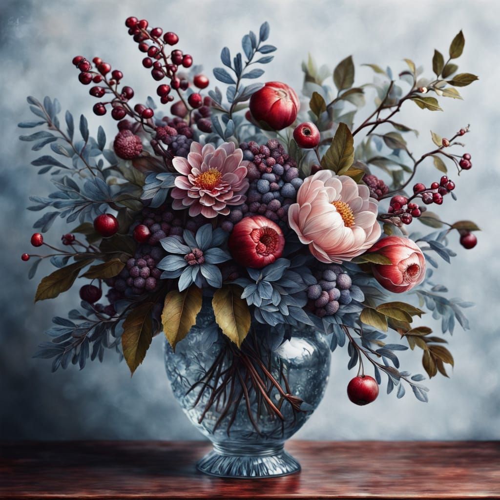 Stunning Ornate Glass Vase of Winter Flowers