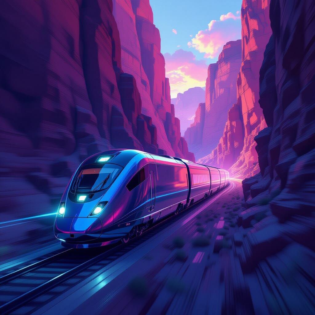 Futuristic Train Speeds Through Neon Canyon in Photorealisti...